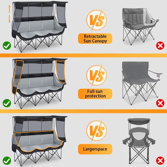 3 Person Camping Chair with Canopy Shade Fully Padded Folding Camping Beach Lawn - Picture 5 of 6